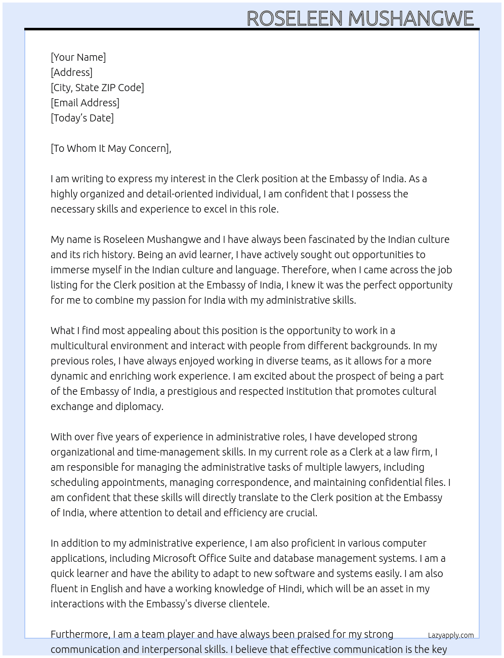 Clerk  At Embassy of India Cover Letter