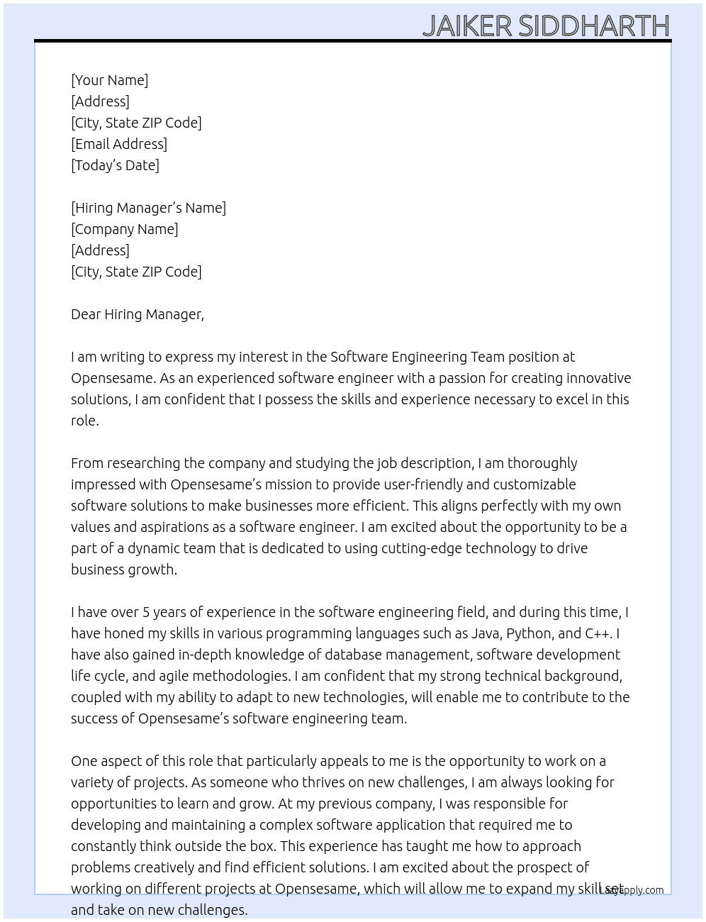 Software engineering team At Opensesame Cover Letter