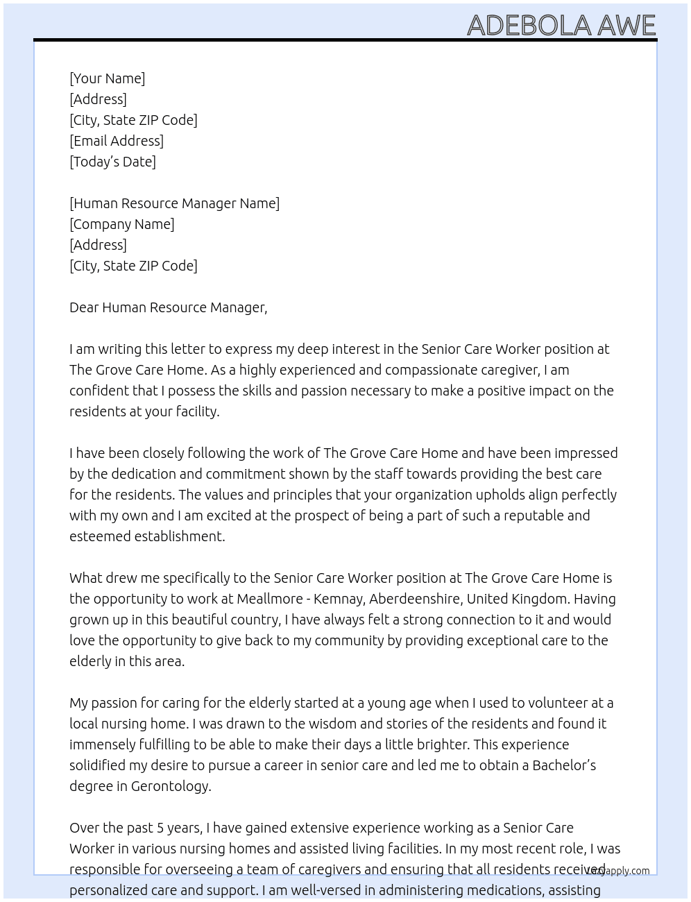 Senior Care Worker At The Grove Care Home Cover Letter