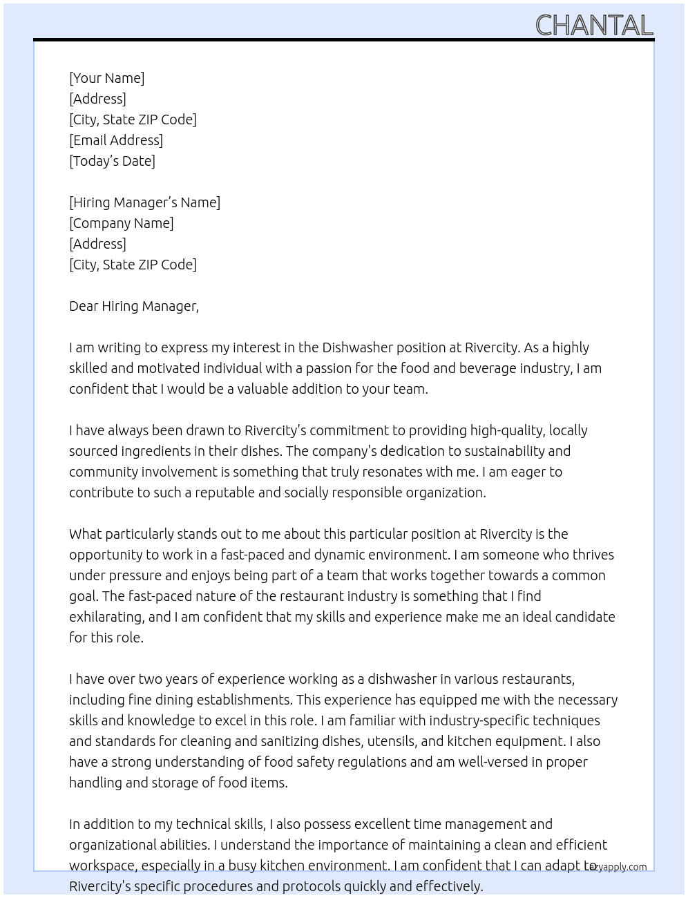 Dishwasher At Rivercity Cover Letter