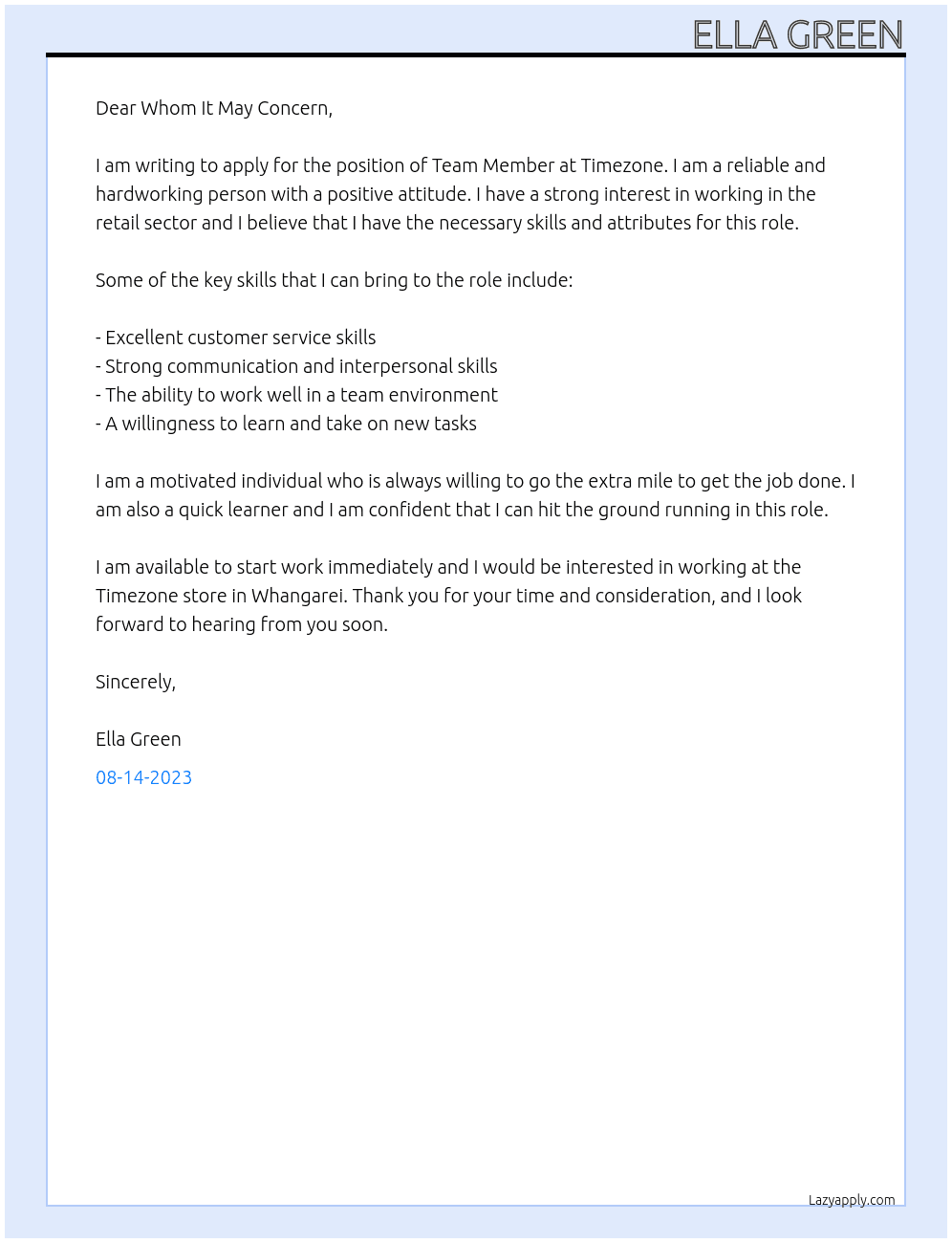 Team Member At Timezone Cover Letter