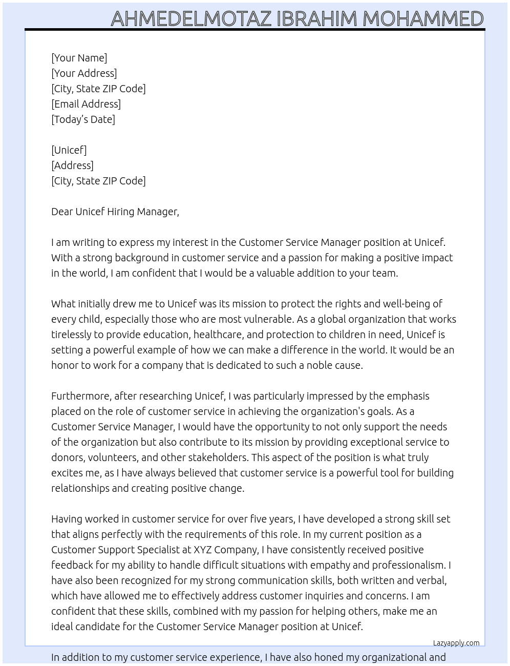 Customer Service Manager At Unicef internship Cover Letter