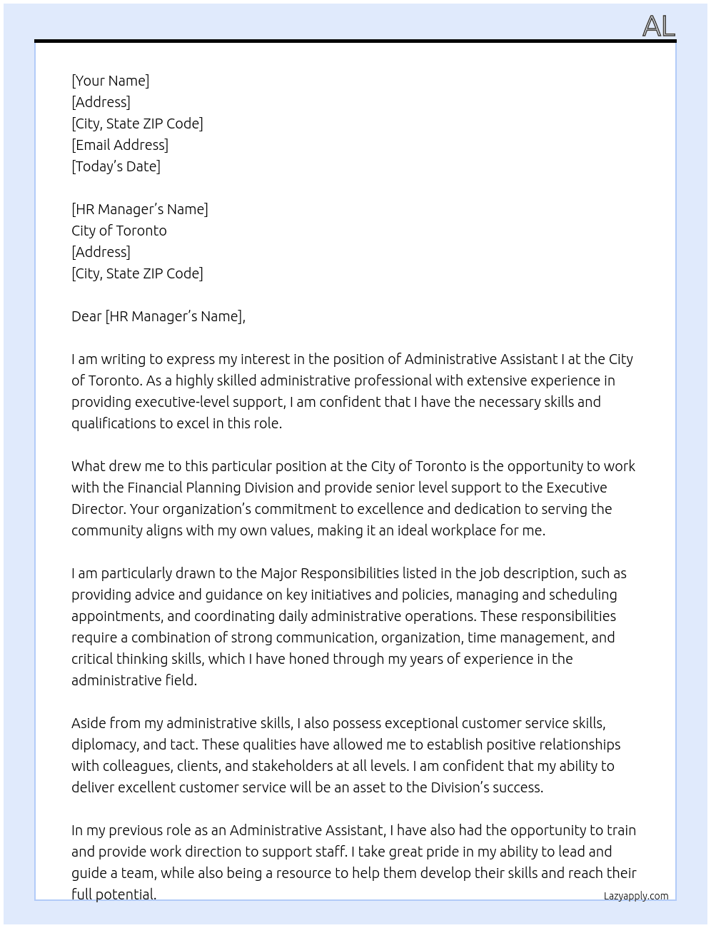 Administrative Assistant I At City of Toronto Cover Letter