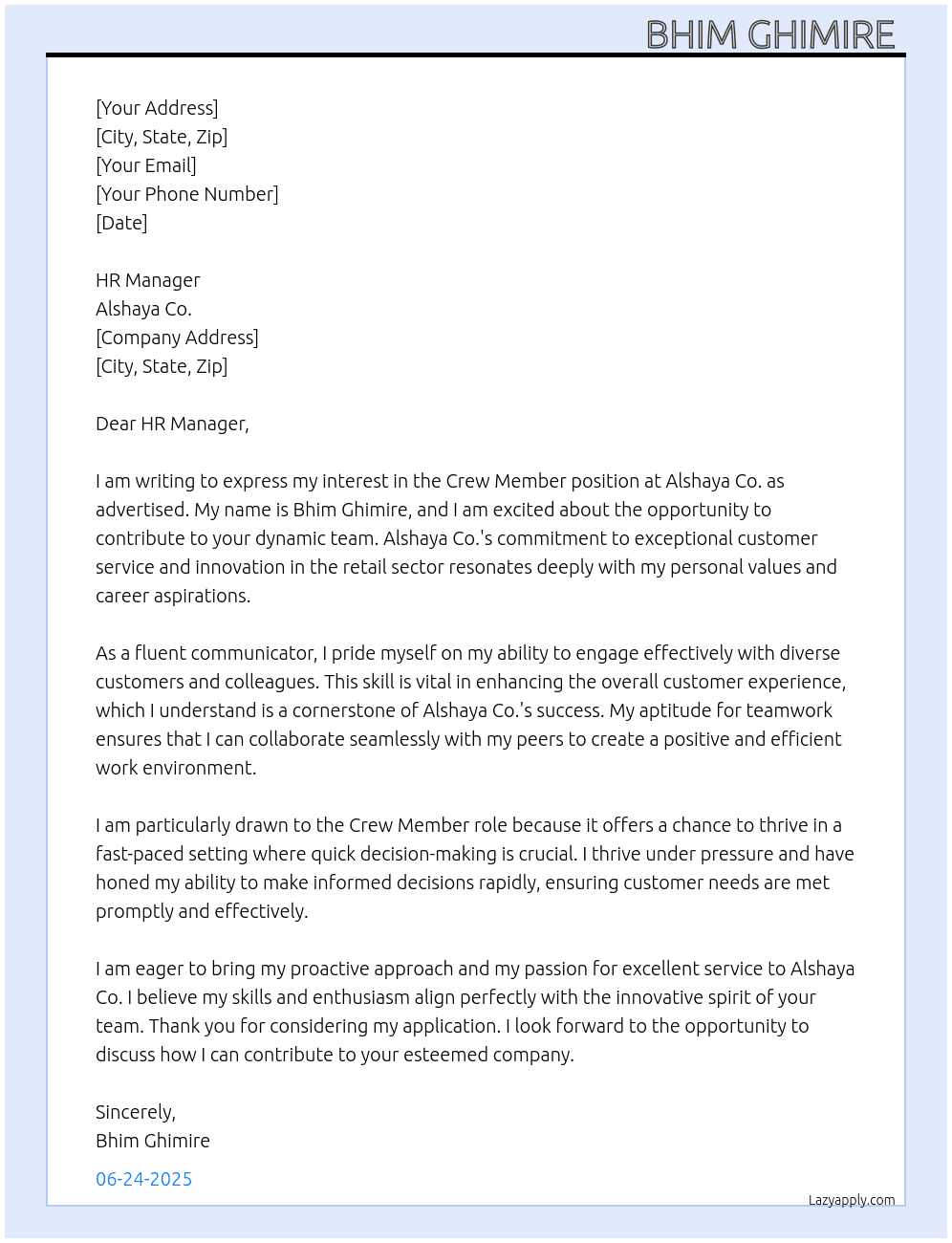 Crew member  At Alshaya Co. Cover Letter