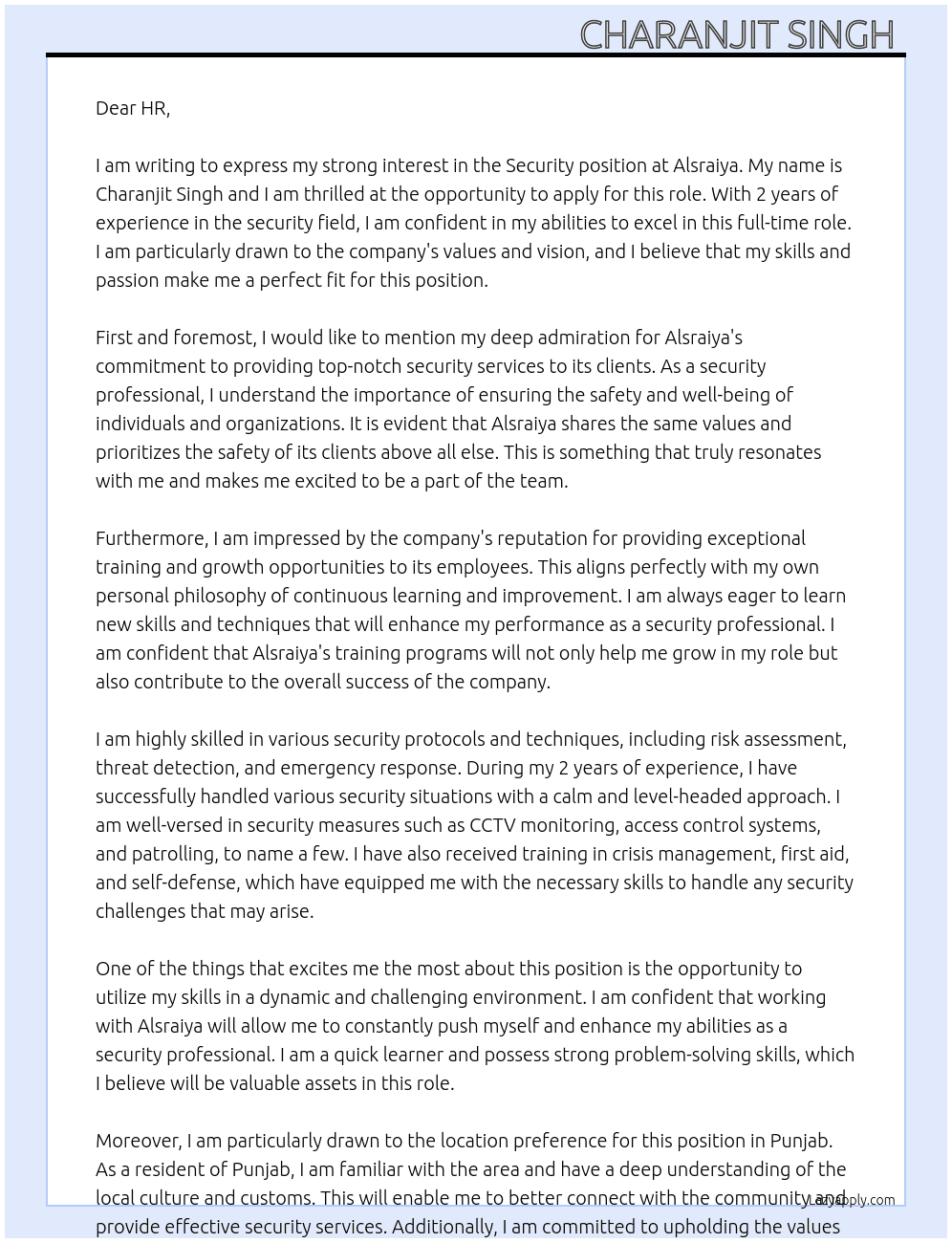 Security  At Alsraiya Cover Letter