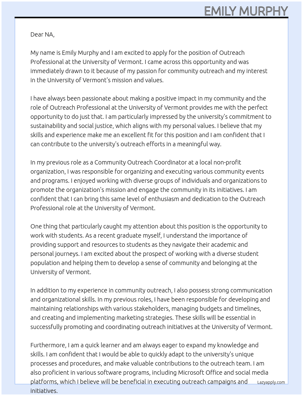 Outreach Professional At University of Vermont Cover Letter