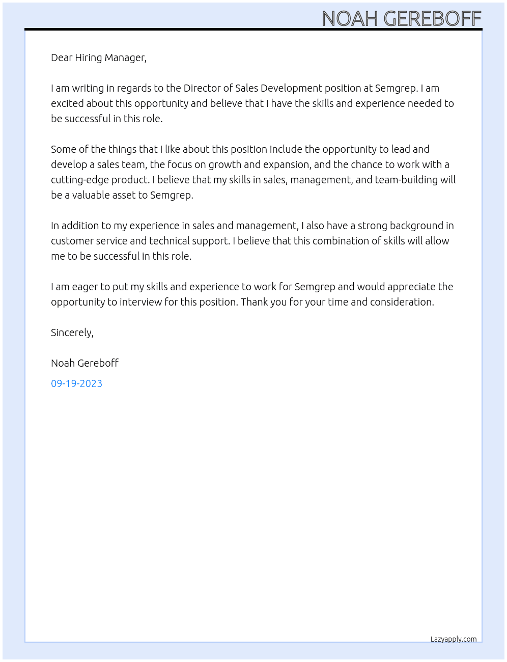 Director of Sales Development At Semgrep Cover Letter