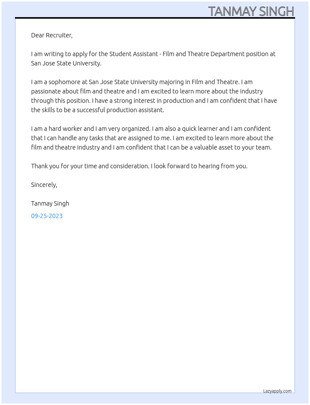 Student Assistant - Film and Theatre Department At  San Jose State University Cover Letter