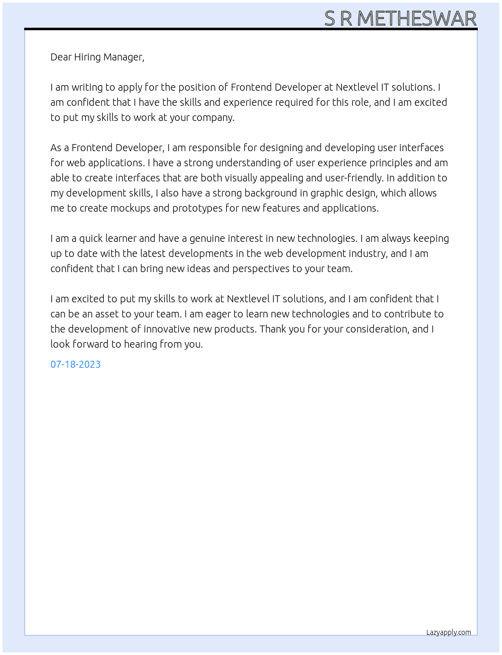 Frontend developer At Nextlevel IT solutions Cover Letter