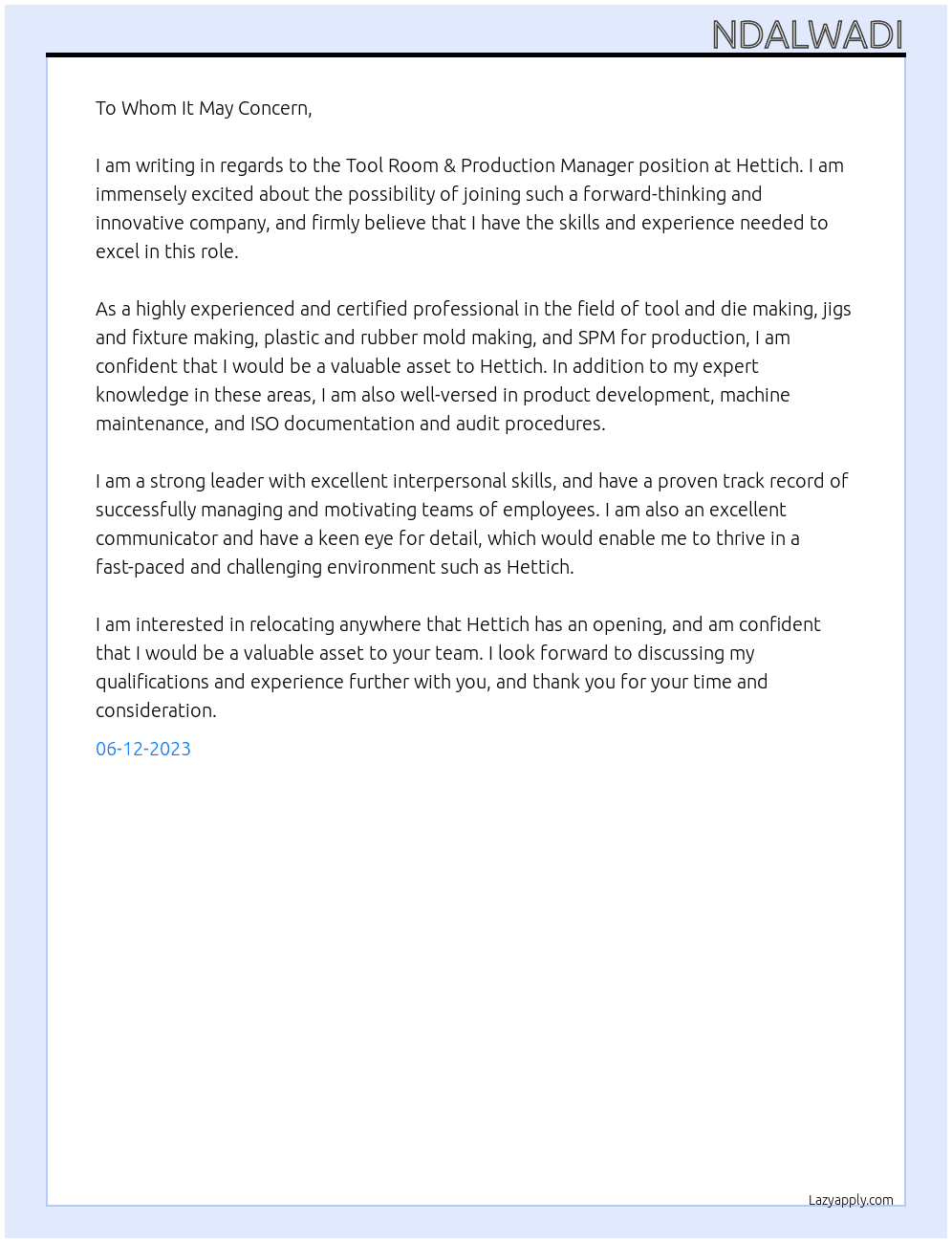 Tool Room & Production Manager At Hettich Cover Letter