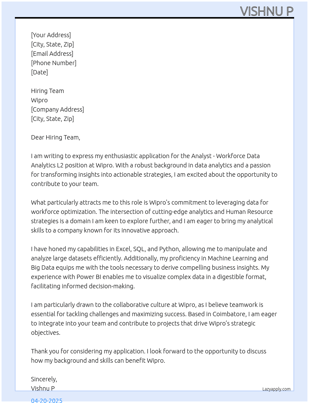 Cover letter for analyst - workforce data analytics l2 - LazyApply