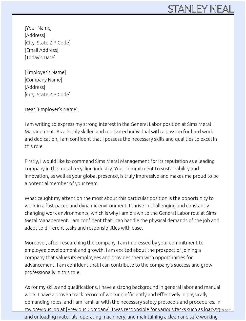 General Labor At Sims Metal Management Cover Letter