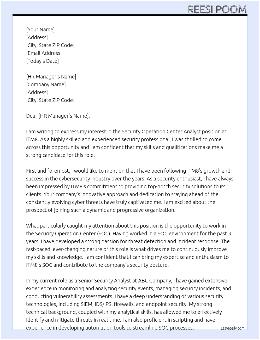 Security Operation Center Analyst At  ITM8 Cover Letter
