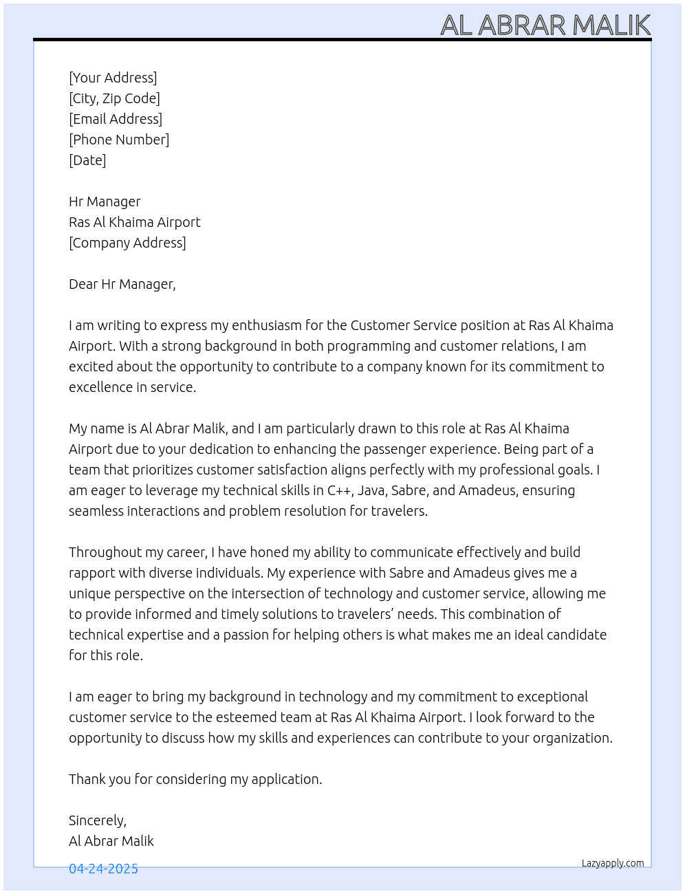 Customer service  At Ras Al Khaima Airport Cover Letter