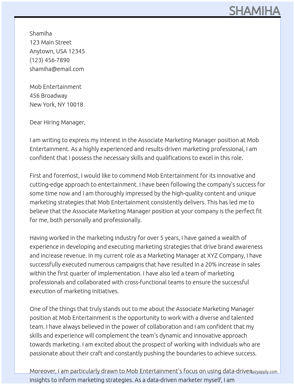 Associate Marketing Manager At Mob Entertainment Cover Letter