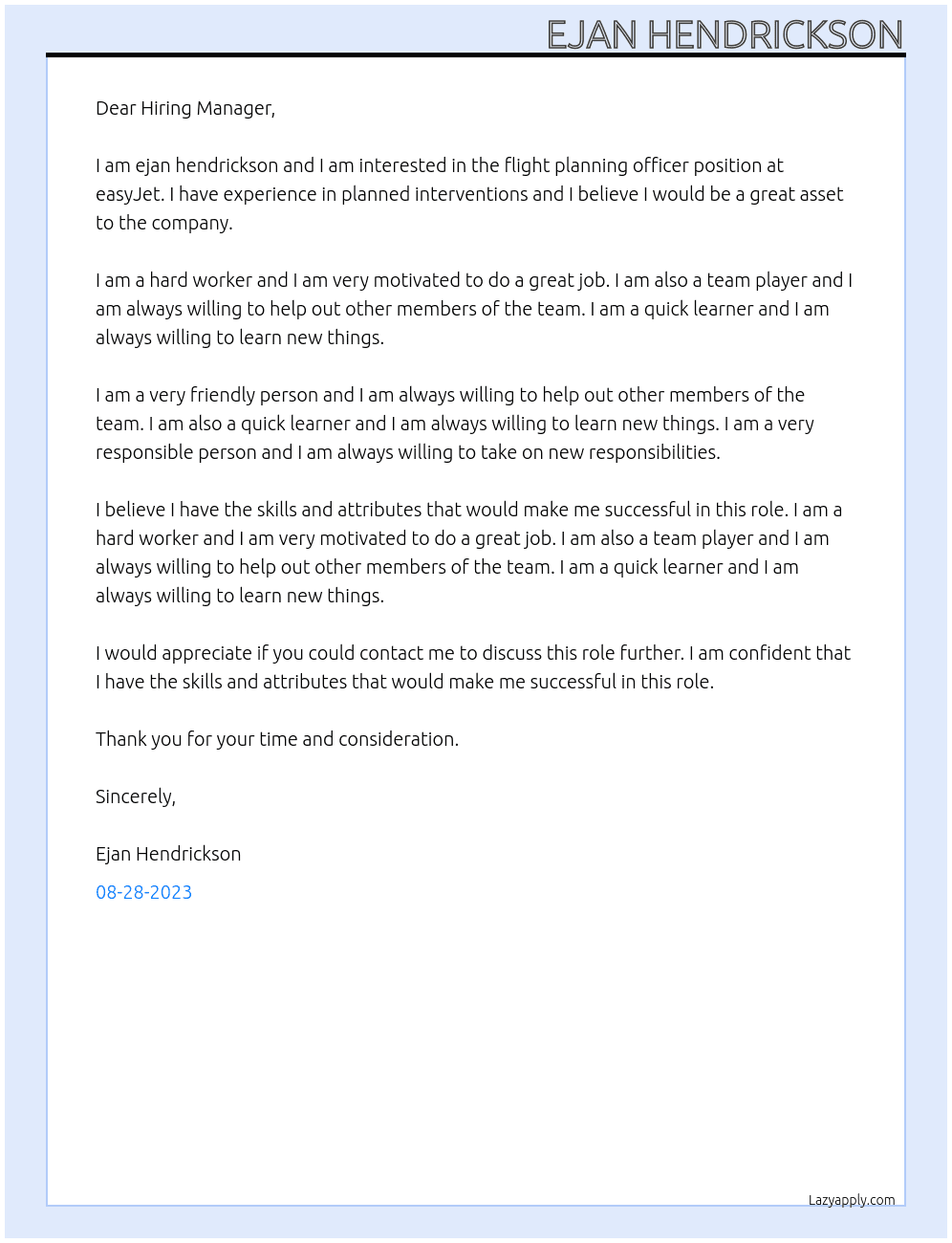 Flight planning officer At EasyJet Cover Letter