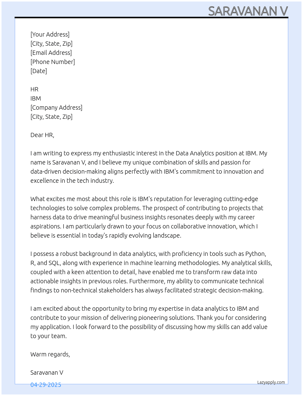 Data Analytics At IBM Cover Letter