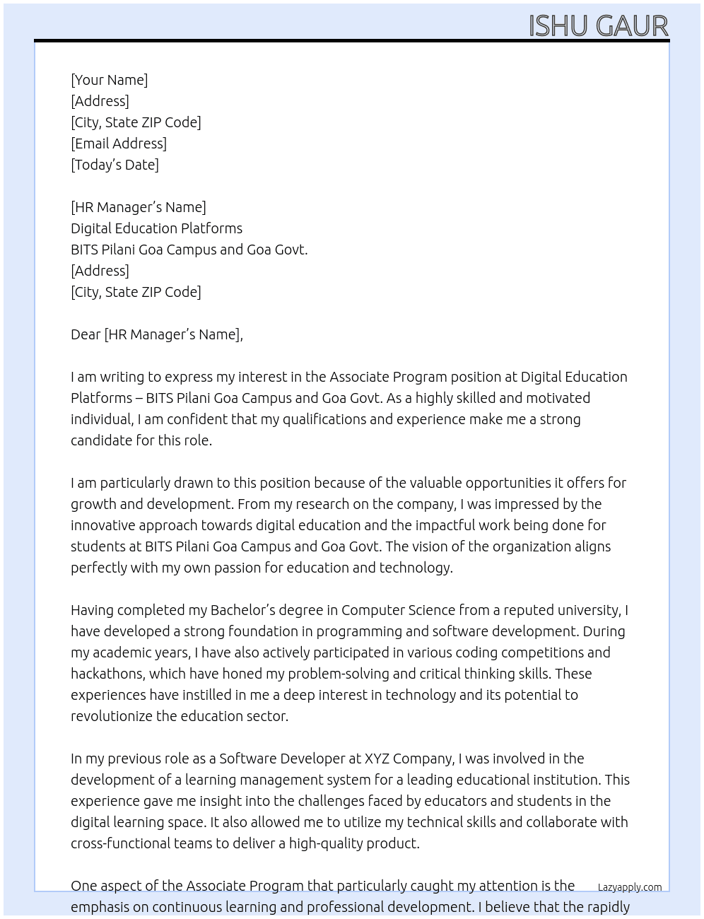 Associate Program At Digital Education Platforms -BITS Pilani Goa Campus and Goa Govt. Cover Letter