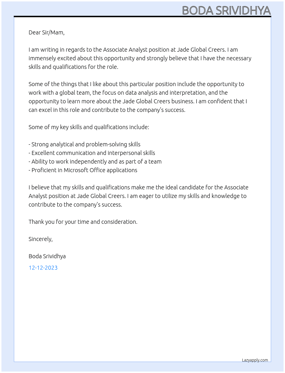 Associate Analyst At Jade Global Creers Cover Letter