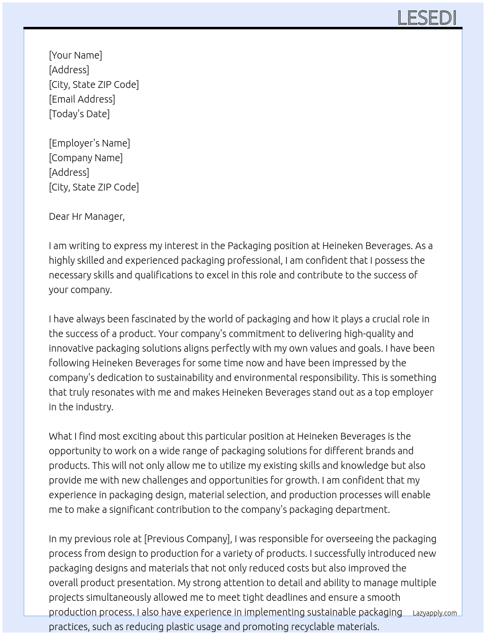 PACKAGING  At HEINEKEN BEVERAGES  Cover Letter
