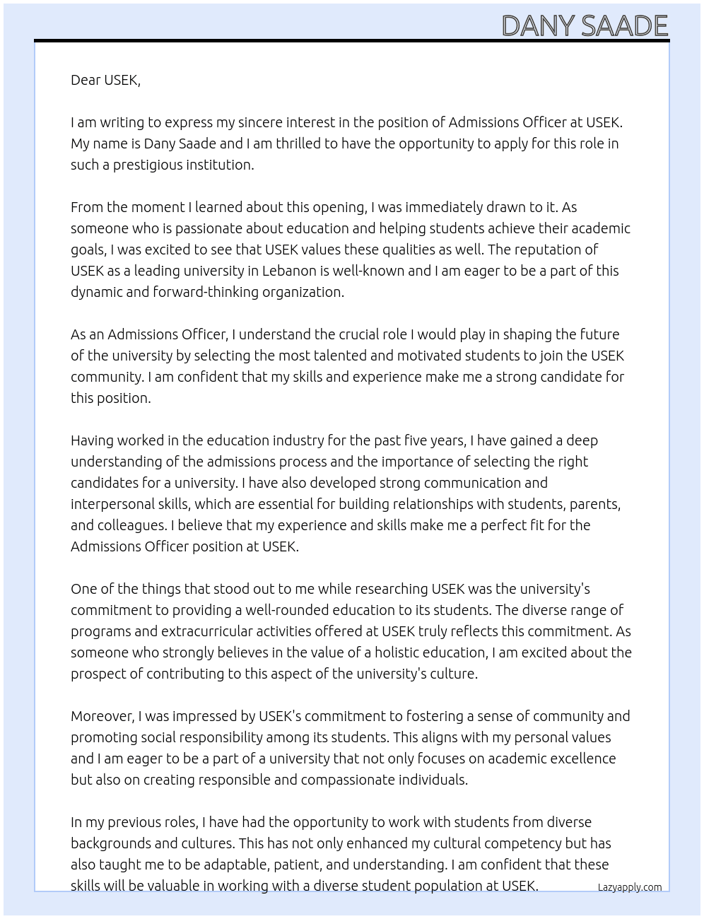 admissions officer At USEK Cover Letter