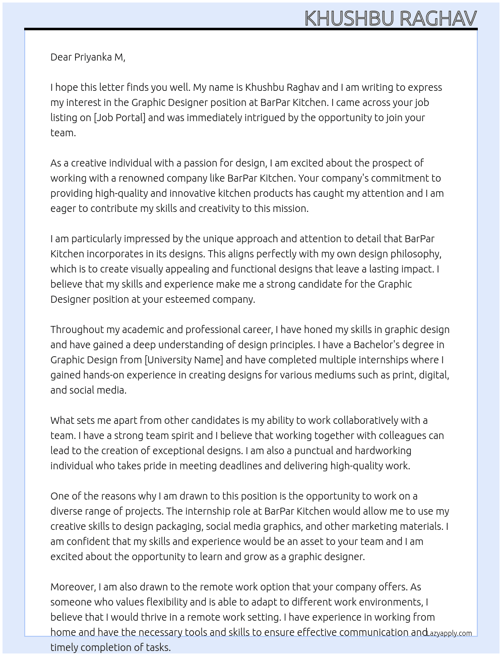 Graphic designer At BarPar kitchen Cover Letter