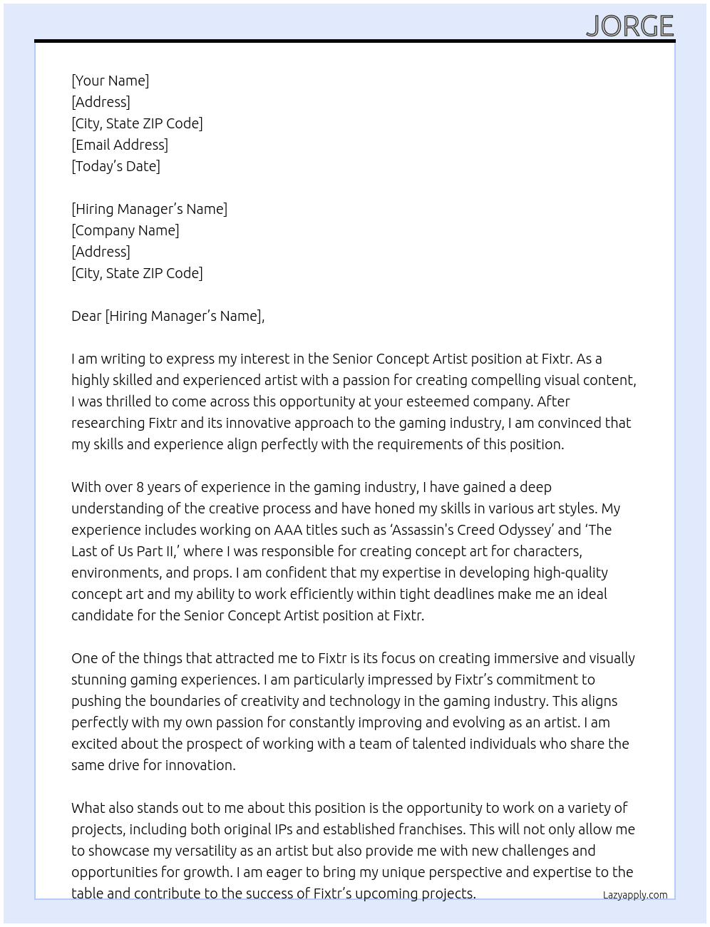 Senior concept artist At Fixtr Cover Letter