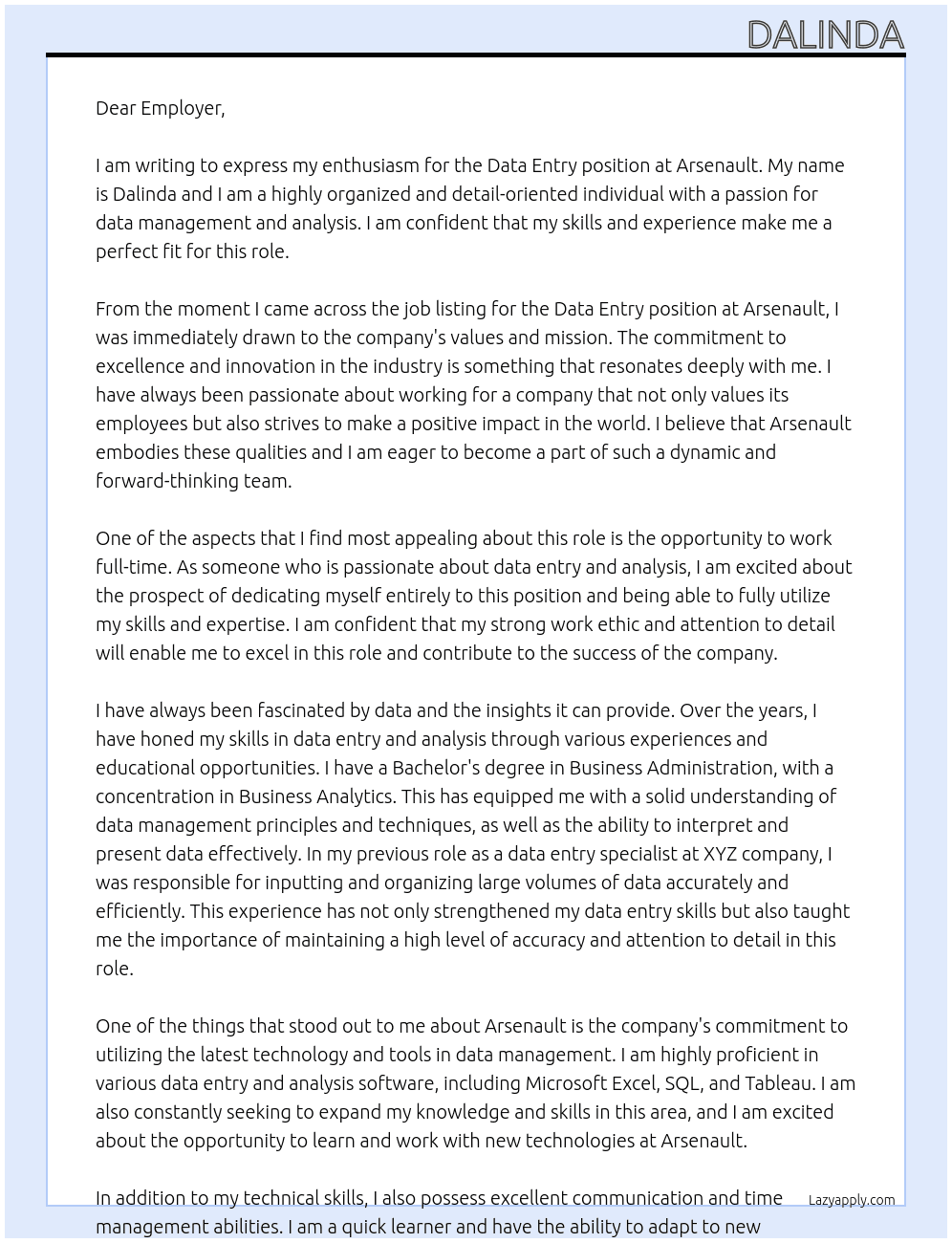 Data entry At Arsenault Cover Letter