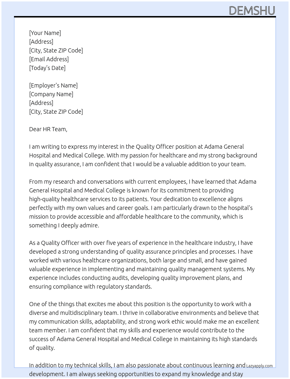 Quality officer  At Adama General Hospital and Medical College Cover Letter