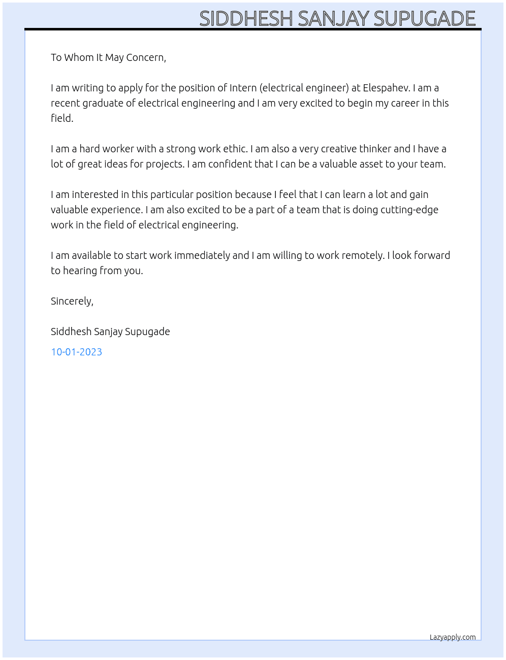 Intern (electrical engineer) At Elespahev Cover Letter
