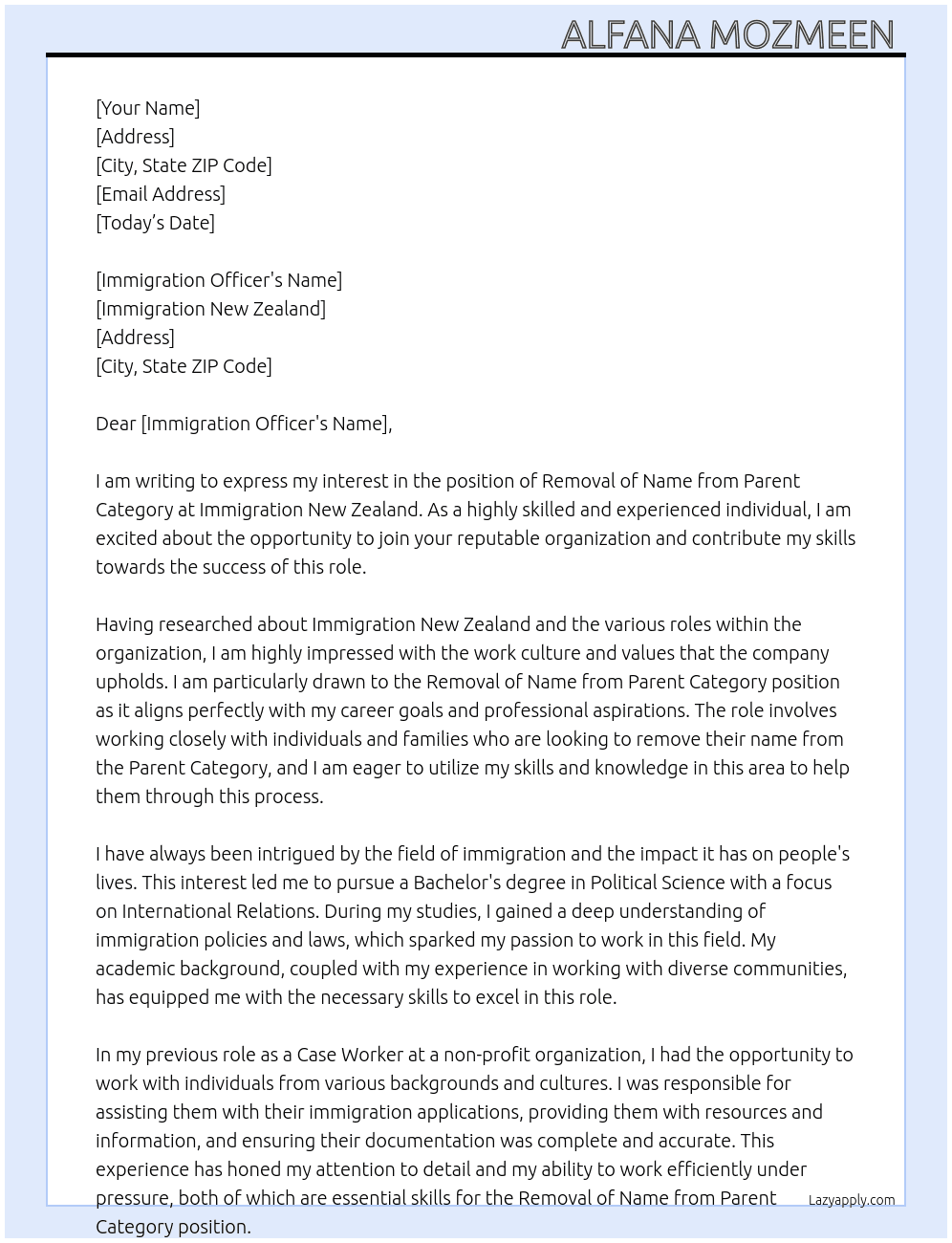 Removal of Name from Parent Category  At Immigration New Zealand  Cover Letter