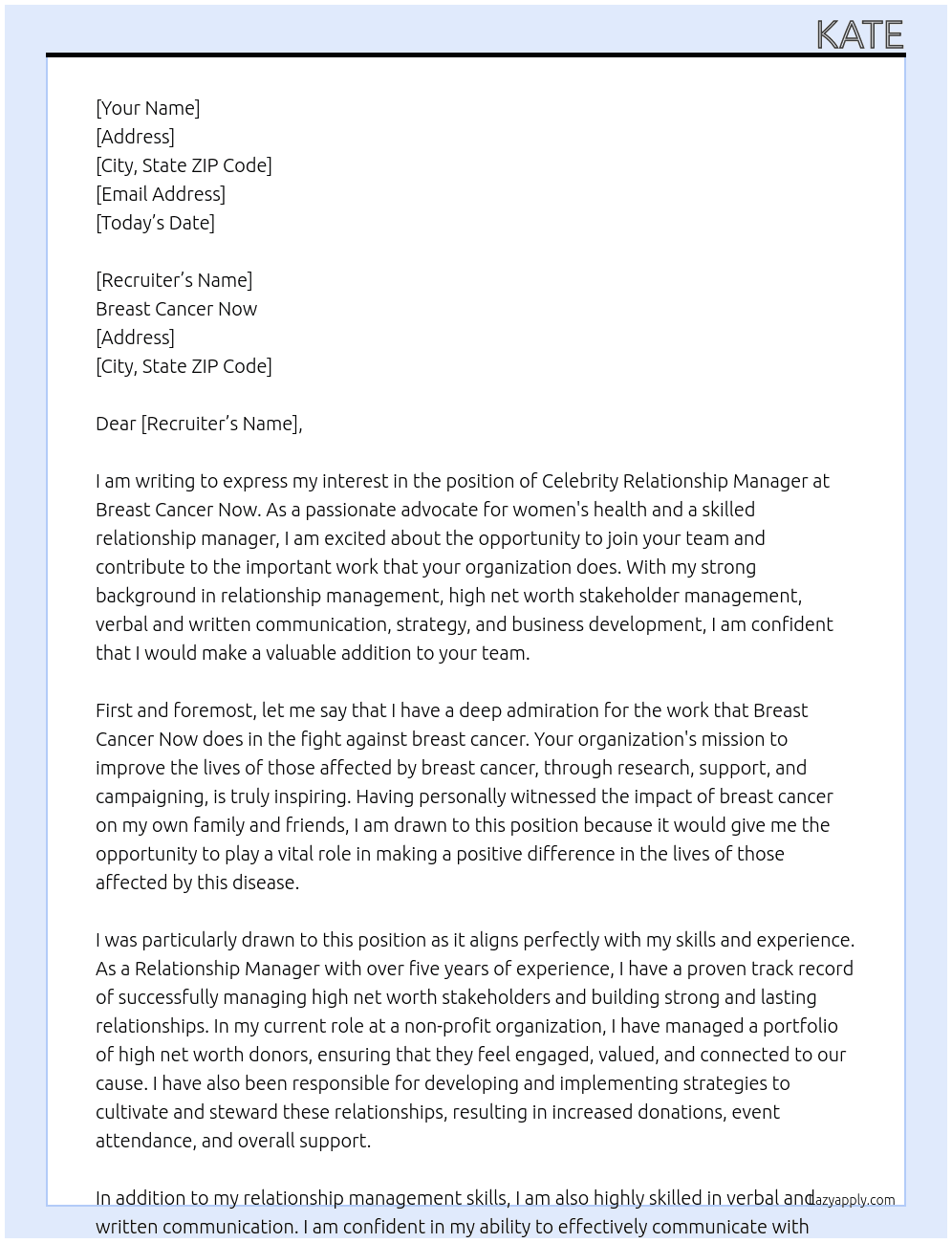 Celebrity Relationship Manager At Breast Cancer Now Cover Letter