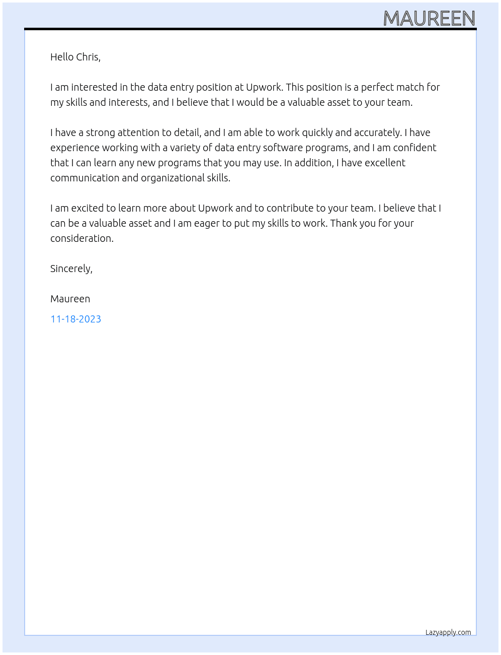 data entry At Upwrok Cover Letter