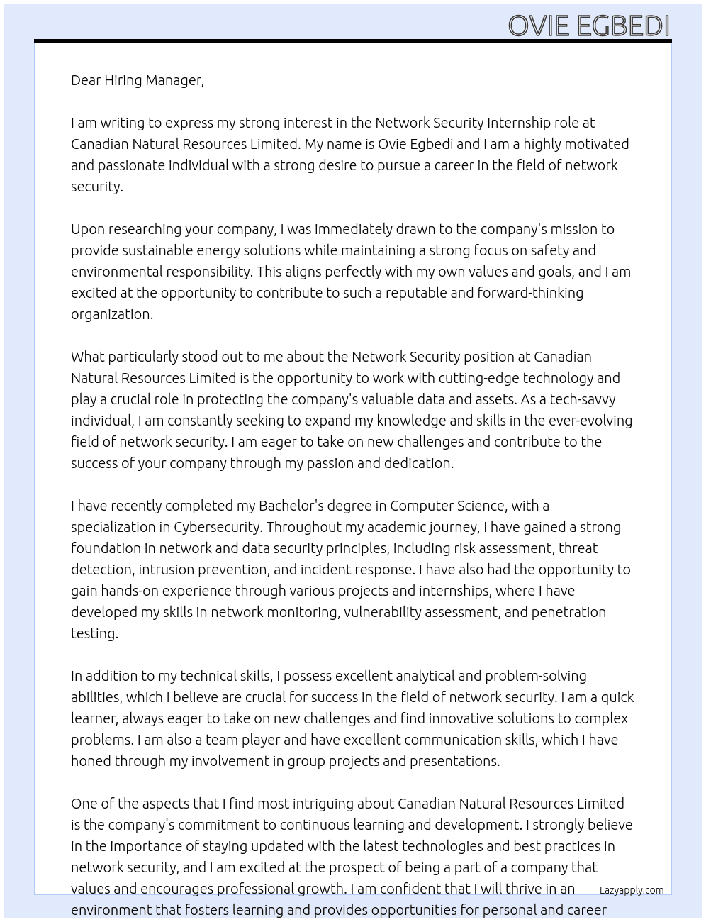 Network security At Canadian Natural Resources Limited Cover Letter