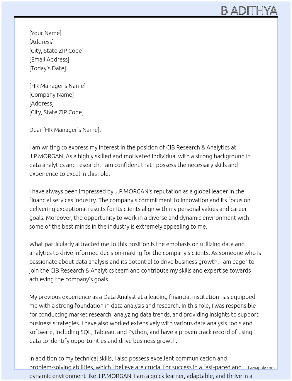 CIB Research & Analytics At J.P.MORGAN  Cover Letter