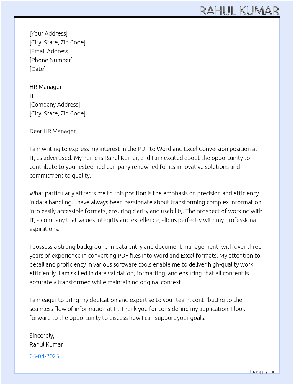Cover letter for pdf to word and excel conversion - LazyApply