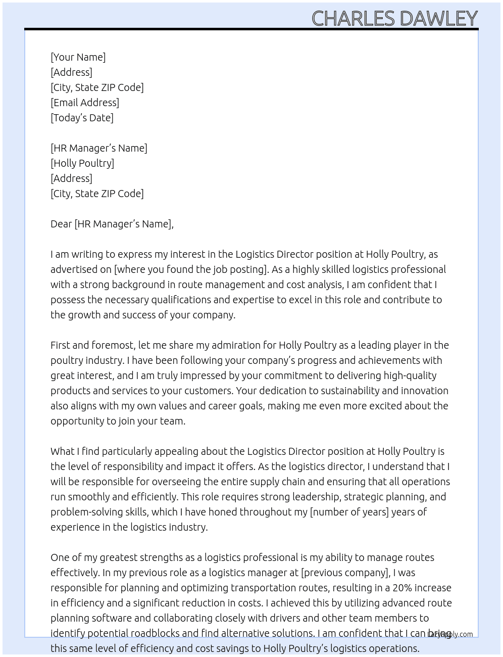 Logistics Director  At Holly Poultry Cover Letter