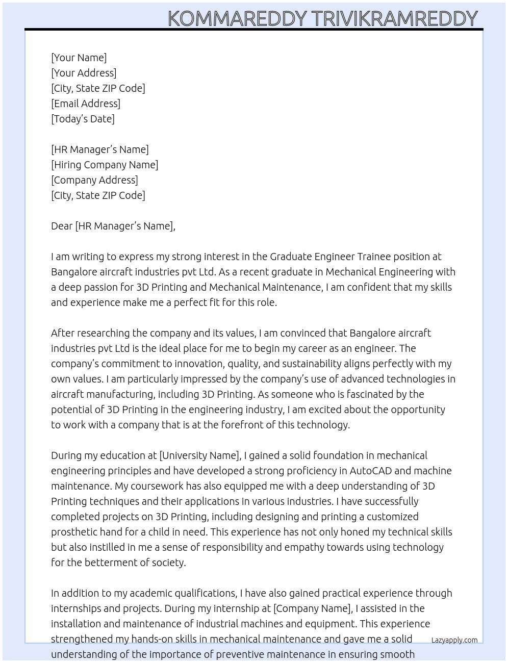Graduate Engineer Trainee  At Bangalore aircraft industries pvt Ltd  Cover Letter