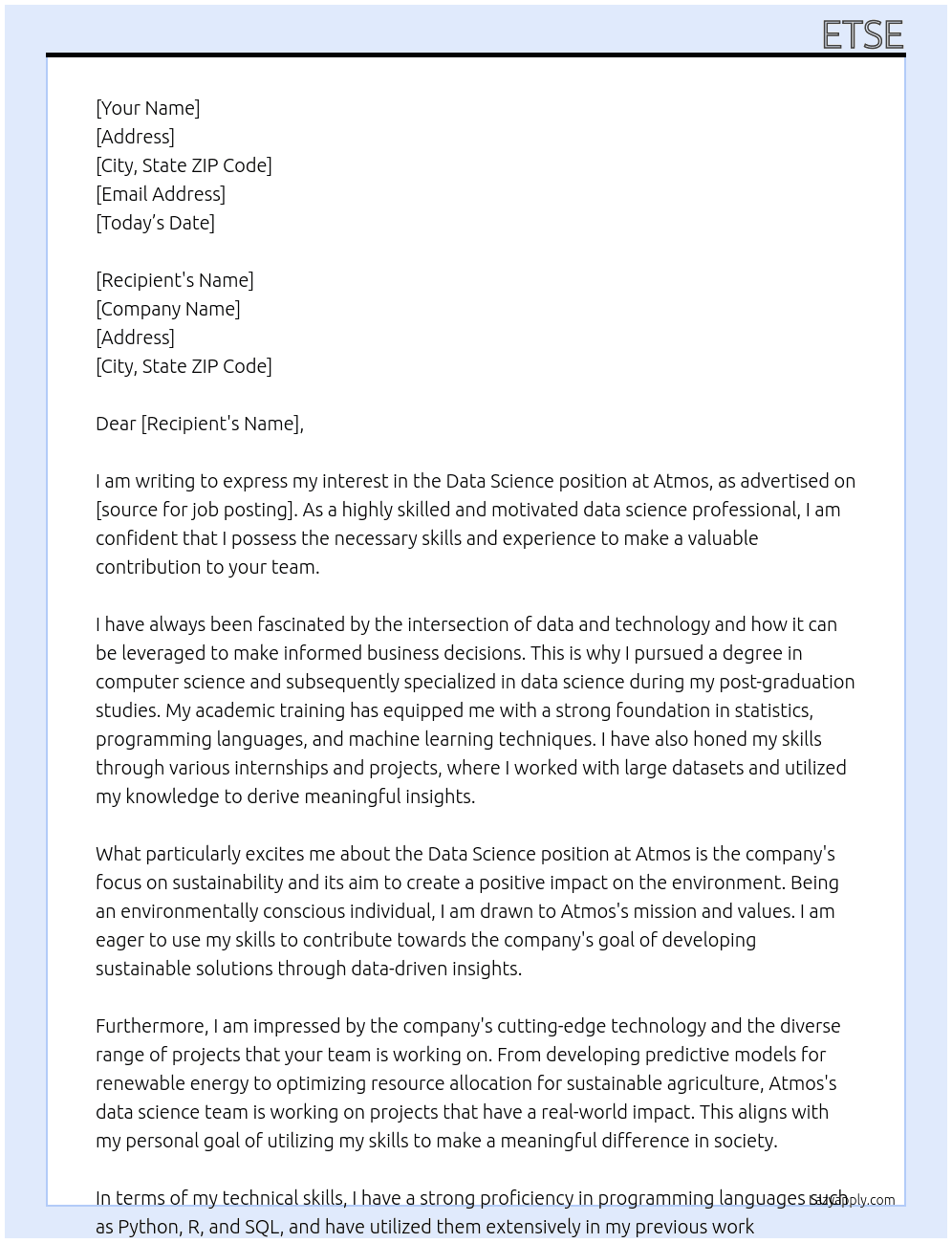 Data science At Atmos Cover Letter