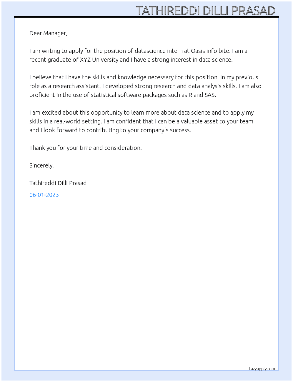 Datascience intern At Oasis info bite  Cover Letter