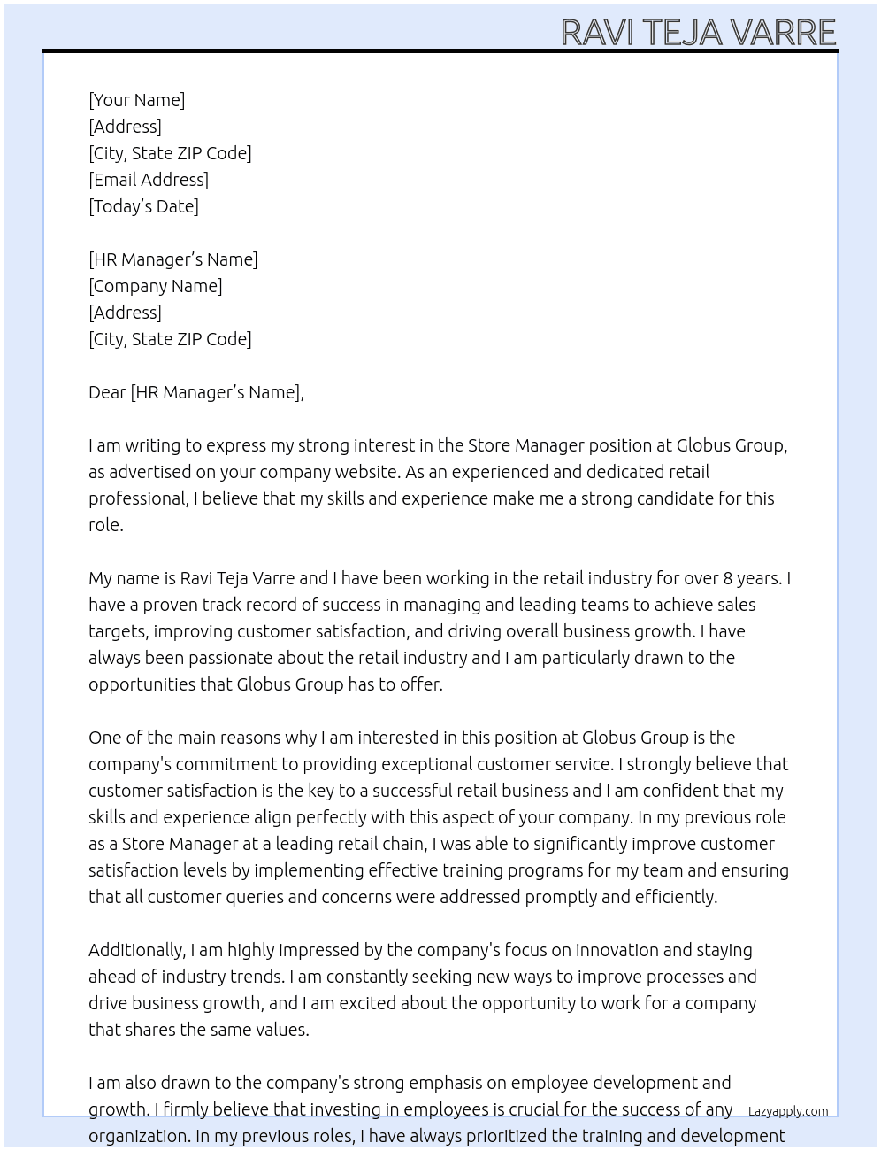 STORE MANAGER At GLOBUS GROUP Cover Letter