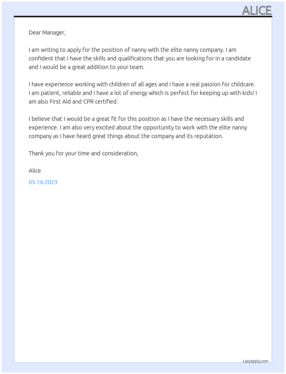 nanny At elite nanny company Cover Letter