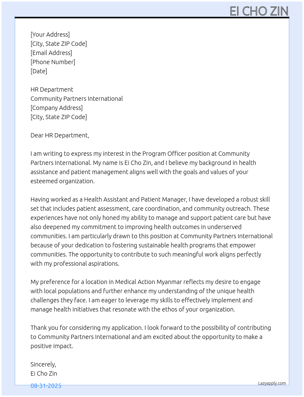 Program Officer  At Community Partners International Cover Letter