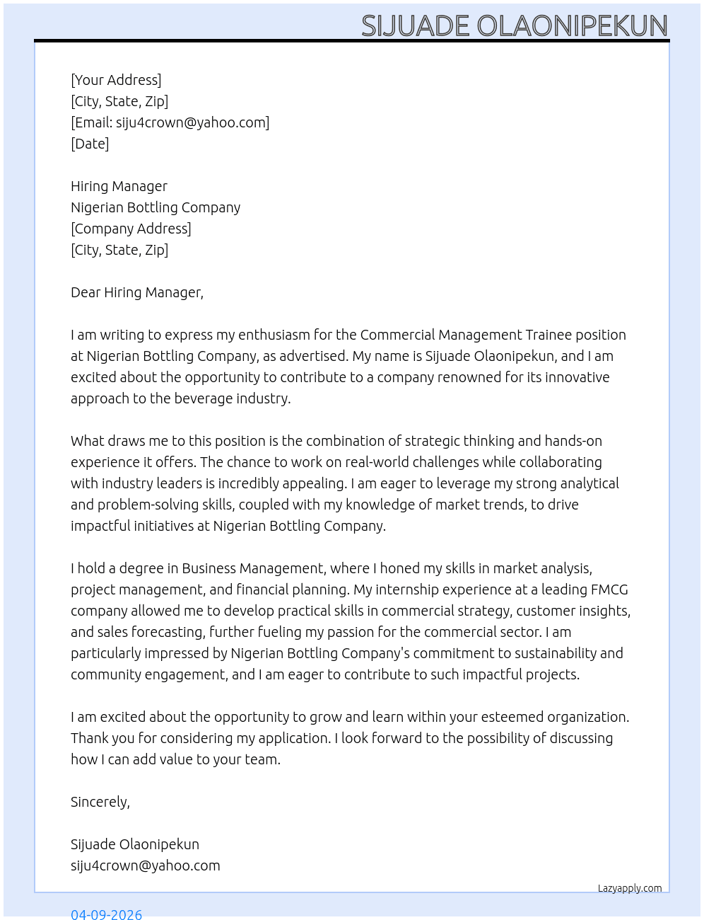 commercial management trainee At Nigerian Bottling Company Cover Letter