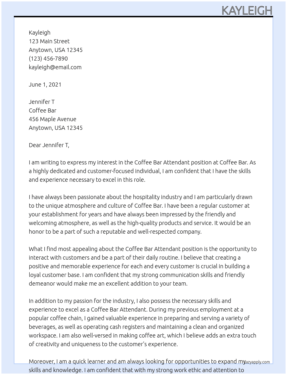Coffee Bar Attendant At Coffee Bar Cover Letter