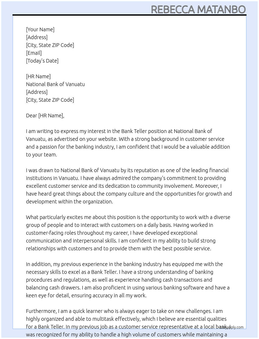 Bank teller At National Bank of Vanuatu Cover Letter