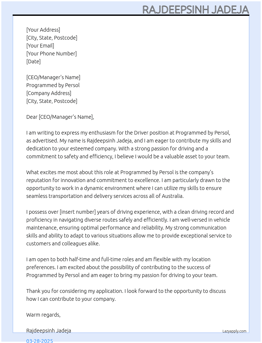Driver At Programmed by persol Cover Letter