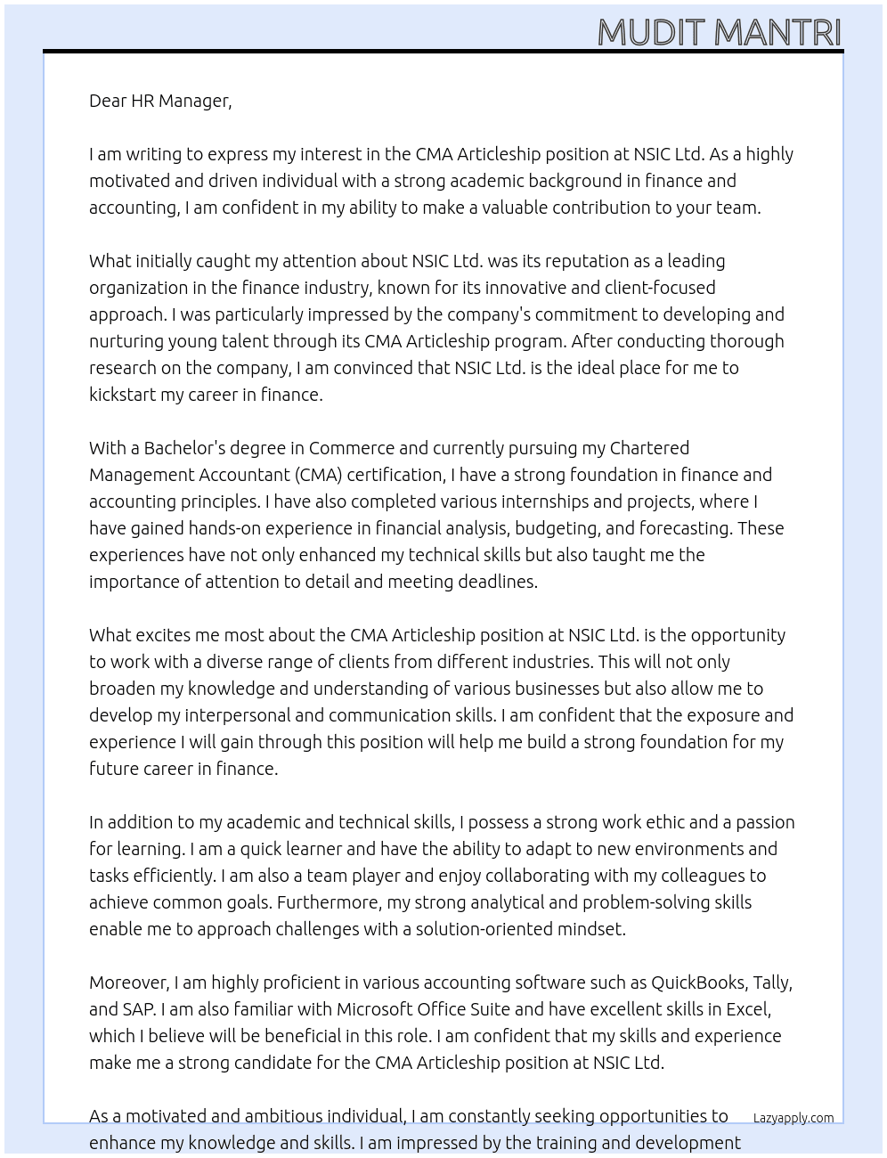 CMA Articleship At NSIC Ltd. Cover Letter