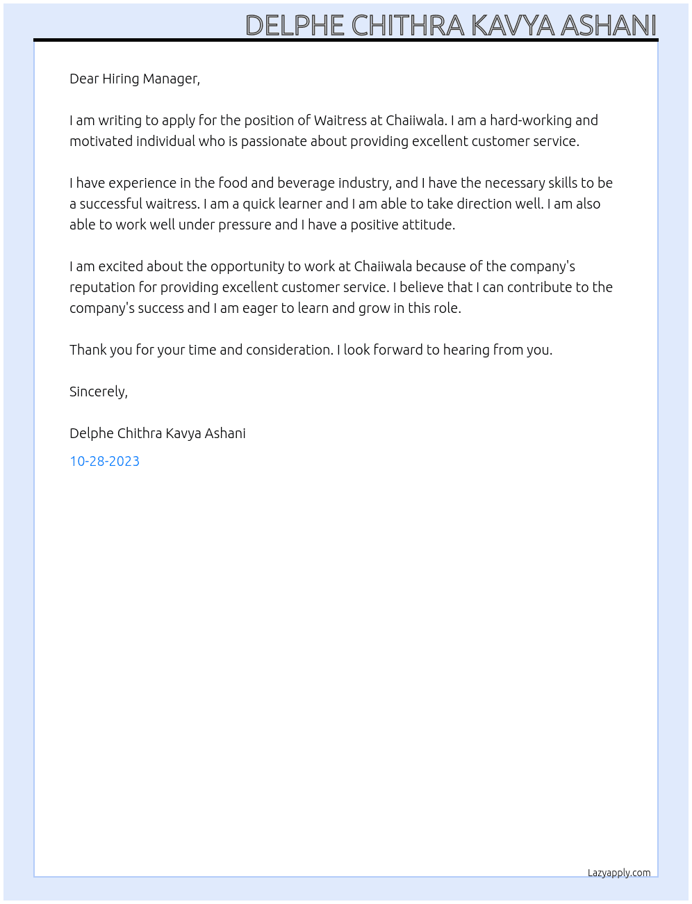 Waitress  At Chaiiwala Cover Letter