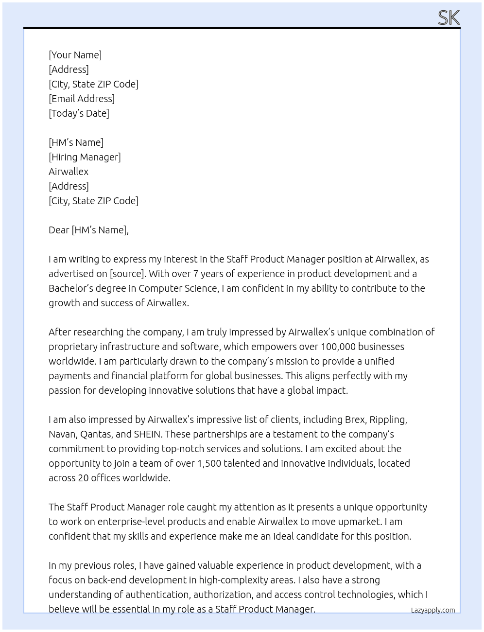 Staff Product Manager At Airwallex Cover Letter